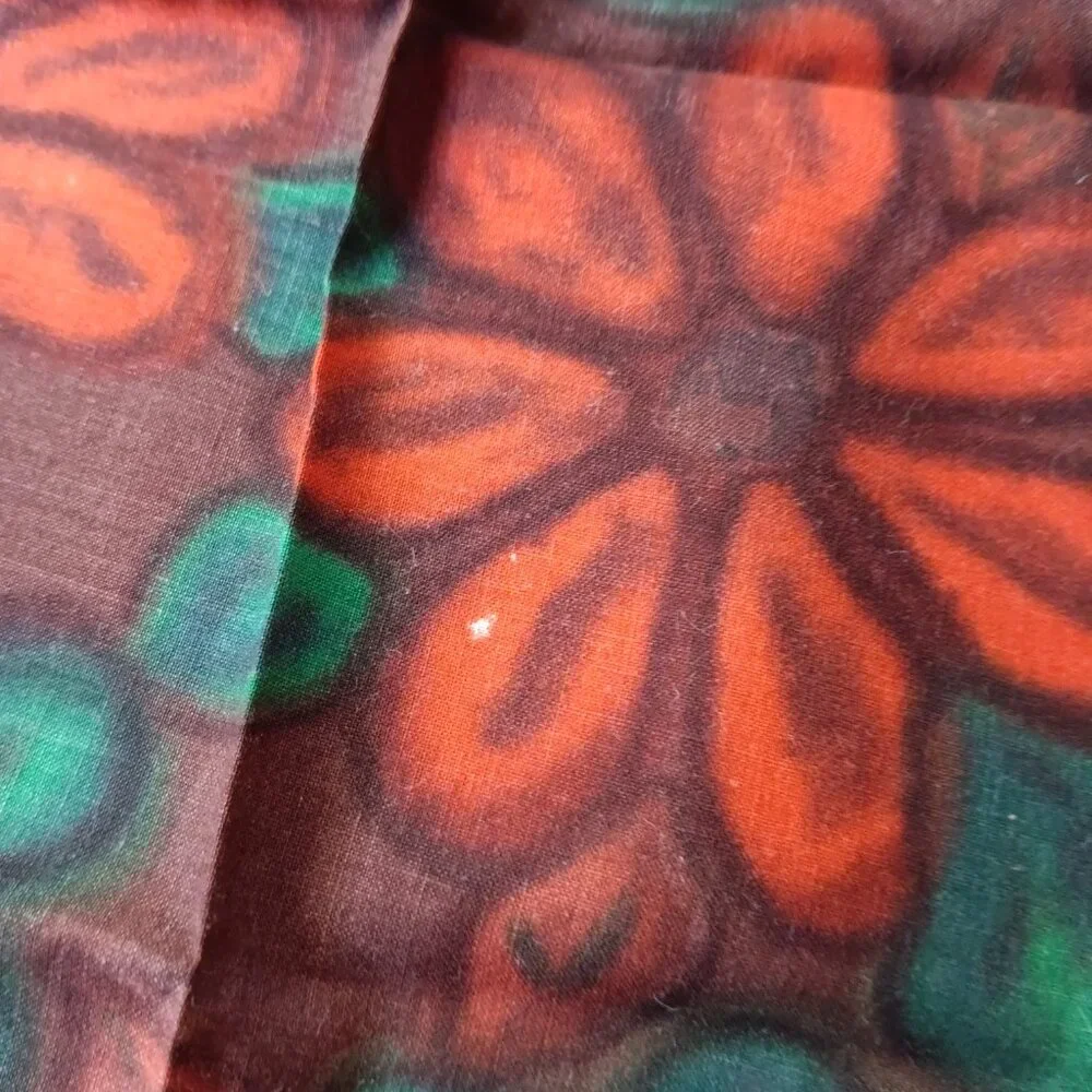 Vintage Mid Century Fabric Napkins Flowers Red Orange Brown Green Set Of 4